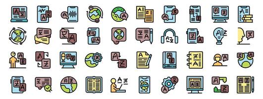 Language translation icons set. People translating using software and apps for international communication vector