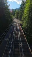 FPV drone is flying fast forward over railway track. Canada video