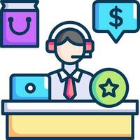 A customer service agent is working at a desk with a phone, a star and a star vector