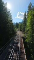 FPV drone is flying fast forward over railway track. Canada video
