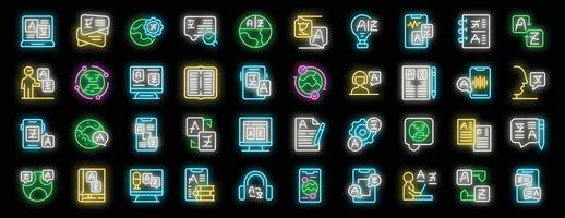 Bright glowing signs for dark background, related to language learning, translation, and international communication vector