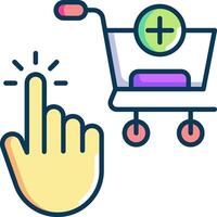 A hand pointing to a shopping cart and a finger pointing to a button vector
