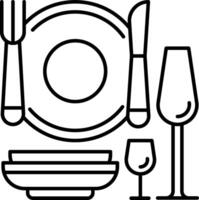 A black and white illustration of a dinner plate and utensils vector