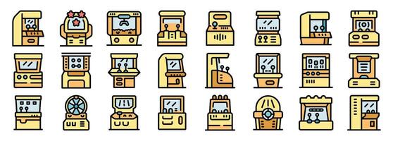 People playing retro arcade games having fun in amusement park vector icon set