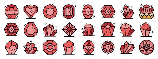 Set of red sparkling gemstones and minerals icons showing different crystal cuts vector