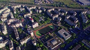 Aerial view of small soccer or football stadium video