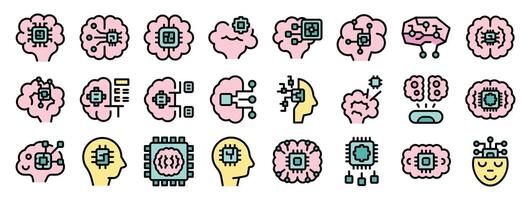 Collection of artificial intelligence icons showing connections between brains and processors vector