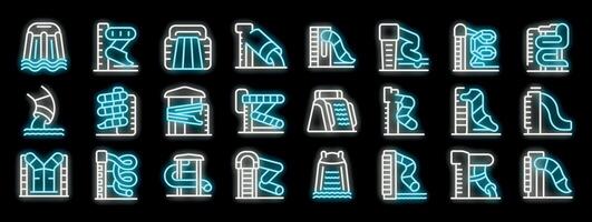 Neon aqua park icons set. Glowing signs of aquapark attractions with water slides, tubes and pools vector