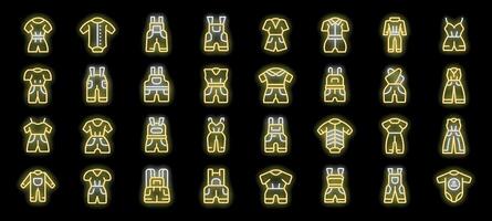Set of overalls and jumpsuits neon icons glowing on black background vector