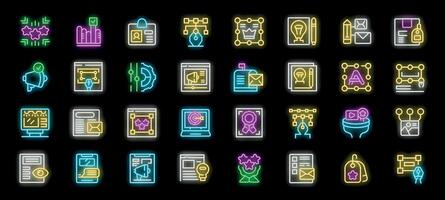 Brand building strategy with content management system and customers engagement neon icons set vector