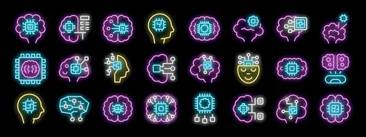 Neon icons of artificial intelligence and machine learning featuring brains and processors vector