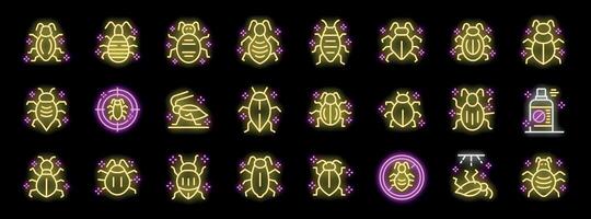 Neon glow icon set representing different types of bugs and pest control methods vector