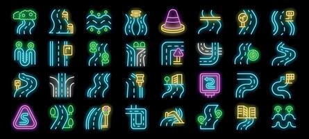 Set of neon icons representing roads, paths and highways with glowing lines and curves vector