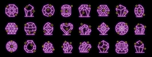 Set of neon gemstones shining with bright light on black background vector