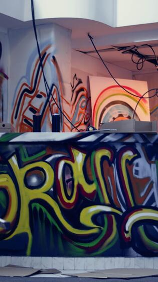 Vertical Empty derelict building with creative graffiti street art 