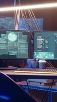 Vertical Hacker arriving in underground base, ready to do computer sabotage using encryption trojan ransomware. Cybercriminal starting hacking process, ransoming stolen data from victims, camera B video