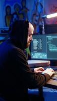 Vertical Spy in secret hideout angry after trying to steal valuable data by hacking governmental websites but getting attacks rejected by security. Upset espionage expert denied access to sensitive info video