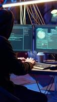 vertical alegre hacker dentro grafite pintado esconderijo animado depois de gerenciando para roubar valioso dados, usando phishing técnica este truques Comercial para dentro revelador senhas, obtendo Acesso garantido, ampliação dentro tiro video