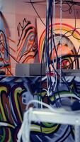 Vertical Empty spray paint cans left over in industrial wreck by urban explorers venturing into abandoned structures. Graffiti done by guerilla artists and scattered broken debris in vandalized place video