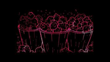 Neon frame effect, Popcorn - Indicates snacks or movie-related food on black background video