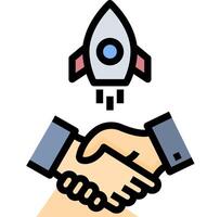 A hand shaking with a rocket ship in the background vector