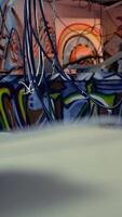 Vertical Empty messy criminals base of operations with graffiti drawings sprayed on walls. Electric cables hanging in derelict ghetto hideout used by vandals to commit illegal activities. video