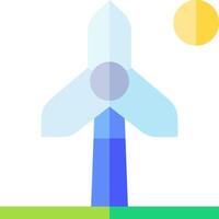 A wind turbine on a green field with a sun in the background vector