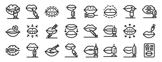 Lip injections icons set. Lip augmentation surgery procedure icons set injecting hyaluronic acid vector