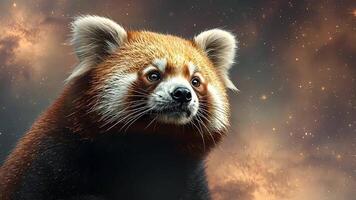 animación de cerca fotografía capturas el rojo panda cautivador belleza y fragilidad en contra un fondo de arremolinándose estrellas y galaxias video
