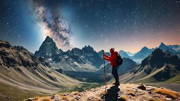 A hiker navigates a rugged mountain path, their journey illuminated by the mesmerizing glow of the Milky Way and countless stars. video