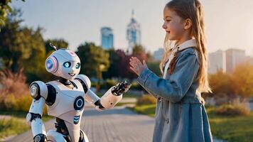 A young girl and a friendly robot share a moment of connection in a park, symbolizing the growing bond between humans and artificial intelligence in a technology-filled future. video