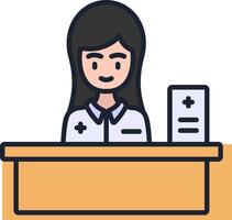 A woman in a white coat sitting at a desk with a clipboard vector