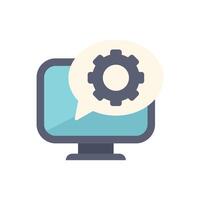 Computer displaying setting cogwheel inside speech bubble vector