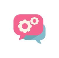 Two speech bubbles discussing technical issues with gears symbol vector