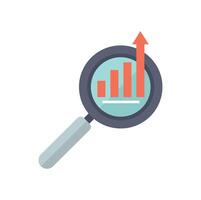 Magnifying glass examining growing bar chart with upward arrow trend vector