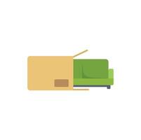 Green sofa being unboxed from cardboard box after delivery vector