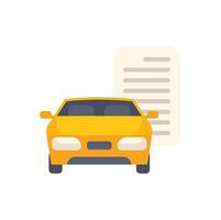 Yellow car front view parked next to document representing car insurance policy vector
