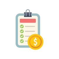 Clipboard showing completed checklist with green check marks and dollar coin vector