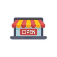 Online shop opening on laptop computer with awning and open sign vector