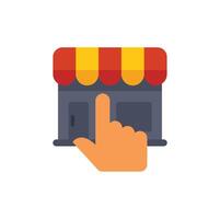 Hand pointing at a store building for online shopping concept vector