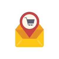 Shopping cart icon appearing from inside a yellow envelope vector