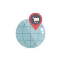 Global shopping location pin pointing to online store on earth globe icon vector