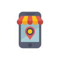 Smartphone showing location pin under striped awning for online business vector
