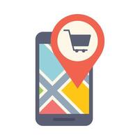 Mobile phone showing city map with shopping cart icon in location pin vector