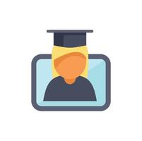 Student wearing graduation cap attending online ceremony on computer screen vector