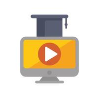 Desktop computer displaying video player with graduation cap icon for online education vector