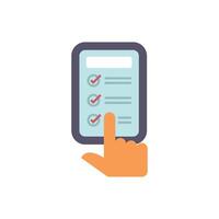 Hand is holding a mobile phone and checking tasks on a checklist vector