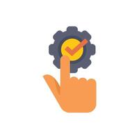 Hand pointing at gear with check mark icon for completed task vector