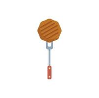 Grilled burger patty being held by a fork with wooden handle vector