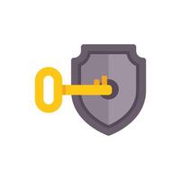 Golden key unlocking grey shield security concept vector